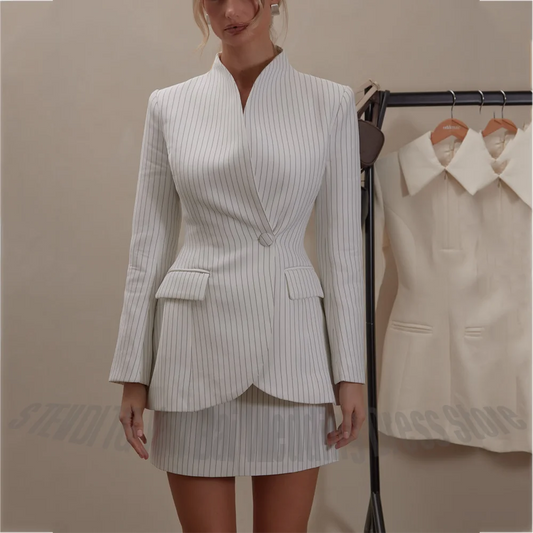 White Striped Women's Two Piece Set Stand Collar Blazer Mini Skirt Waist-Cinching Tailored Modern Casual Prom Suit Outfit