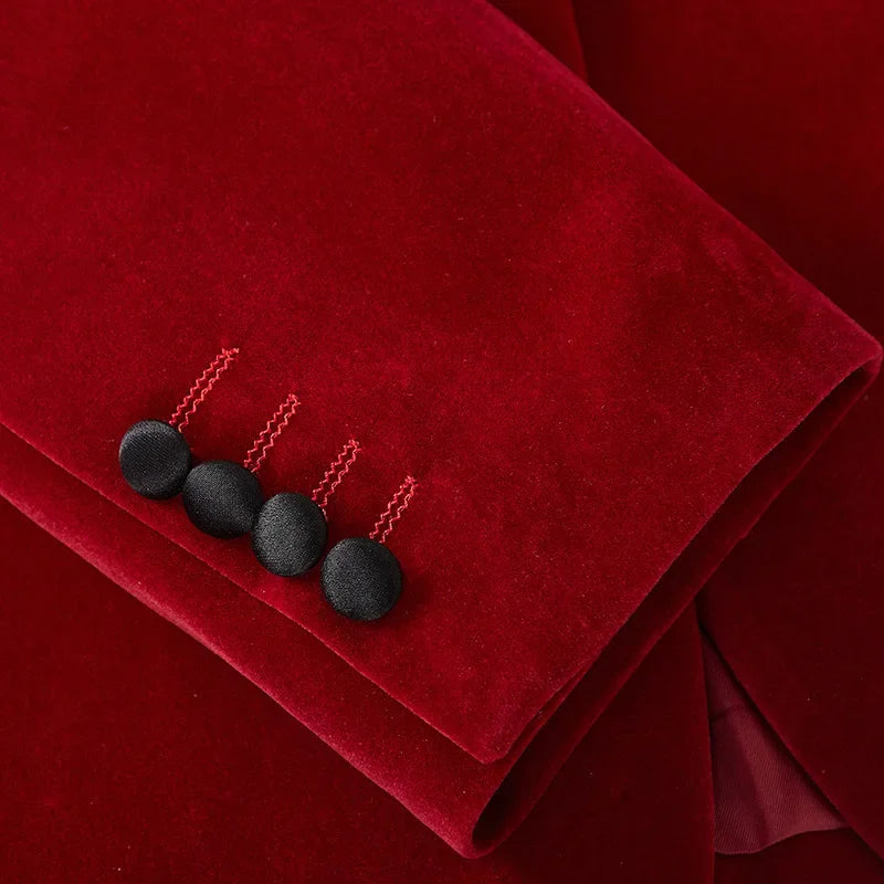 Luxury Red Velvet Dress Blazer Jacket Men One Button Peak Collar Tuxedo Suit Jacket Mens Wedding Groom Party Stage Costume Homme
