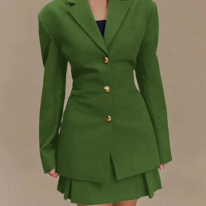 Women's Pleated Skirt Suit Set 2025 2Pieces(Tailored Blazer&High Waist Skirt) Office Chic Single-breasted Notch Lapel Outfit