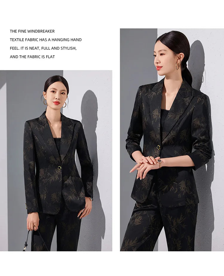 Two-Piece Leaf Print Blazer Pantsuits Set for Women Office Ladies Business Single Buttons Formal Spring Autumn Trousers Suit