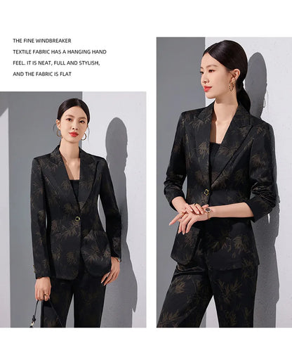 Two-Piece Leaf Print Blazer Pantsuits Set for Women Office Ladies Business Single Buttons Formal Spring Autumn Trousers Suit
