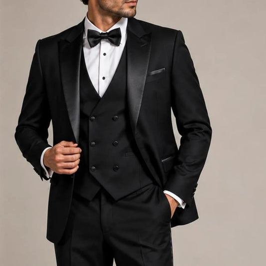 Men Suit Black 3 Piece With Lapel Solid For Wedding Groom Birthday Banquet Party Prom Business Work Office Set Jacket Vest Pants