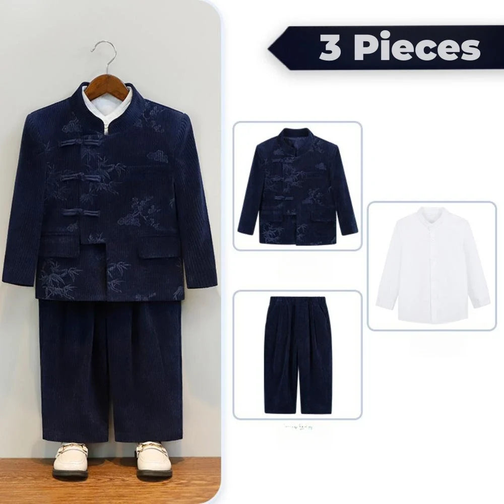 Chinese Style Boys Printed Suit Set 3 Pieces School Performance Wear Handsome Elegant Kids Tuxedo Birthday Party Sets 90-170cm