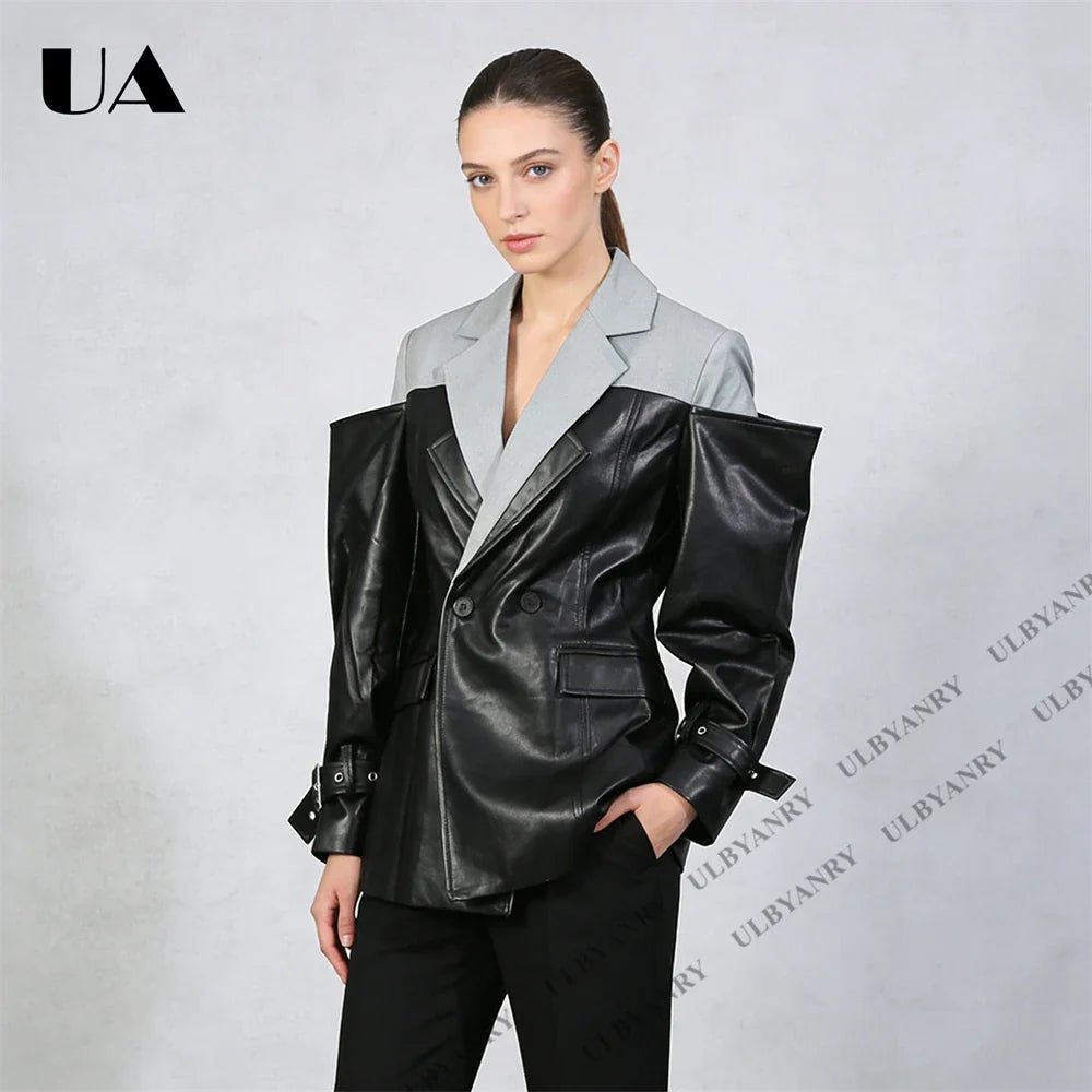 Colorblock Faux Leather Blazer with Notch Lapel Cuff Straps for Street Style Fashion Week Suit Jacket Club Night Blazer