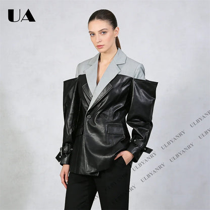 Colorblock Faux Leather Blazer with Notch Lapel Cuff Straps for Street Style Fashion Week Suit Jacket Club Night Blazer