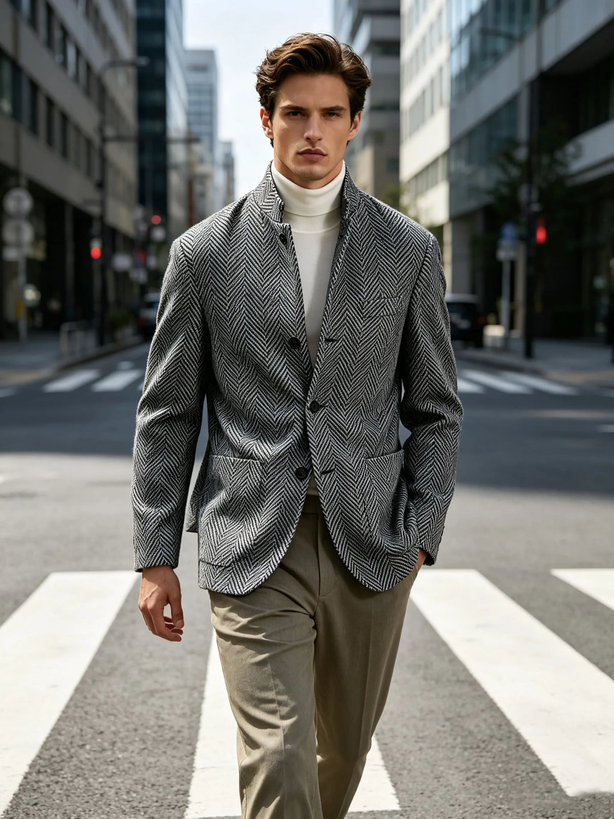 Men's Herringbone Tweed Stand Collar Blazer  Notch Lapel Slim Fit Wool Blend Sport Coat Business Casual Wedding Prom Man Jackets