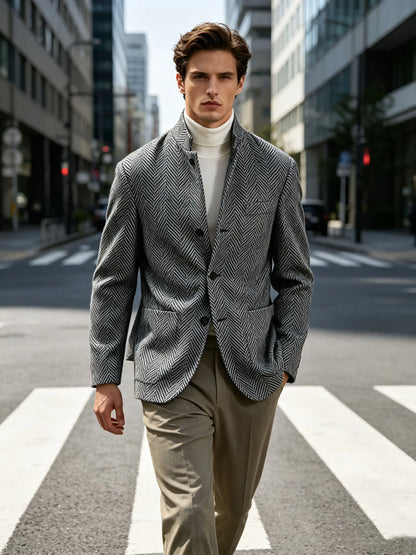Men's Herringbone Tweed Stand Collar Blazer  Notch Lapel Slim Fit Wool Blend Sport Coat Business Casual Wedding Prom Man Jackets
