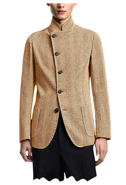 Men's Herringbone Tweed Blazer Stand Collar Slim Fit Business Casual Suit Jacket Spring Daily Commute Lightweight Sport Coat