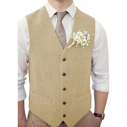 Men's Vest Herringbone V-Neck Single Button Waistcoat for Wedding, Business & Casual Wear