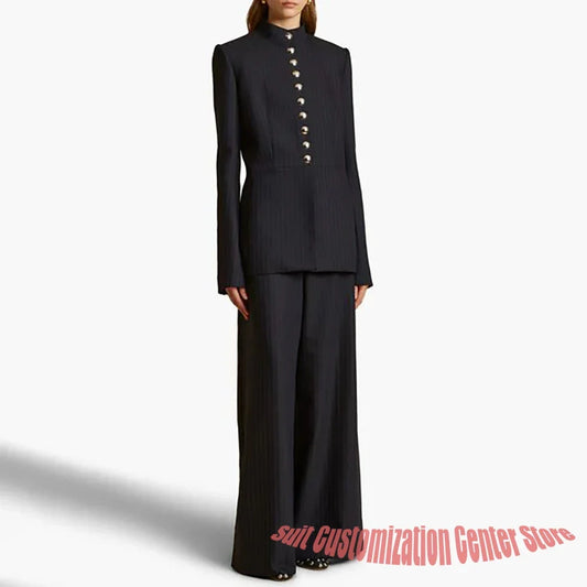 Elegant Women's Suits Pinstripe Two-piece(Jacket+Pants) Set with Stand Collar Gold Single Breasted Business Office Lady Outfit