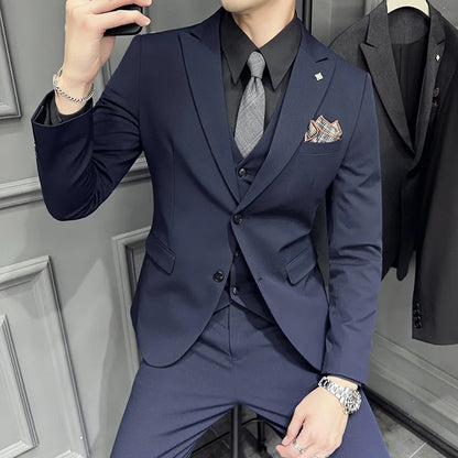 Men's 3 Piece Suit Set Double‑Button Slim Fit Solid Color Business Casual Wedding Party Jacket Vest Pants Formal Outfit for Men