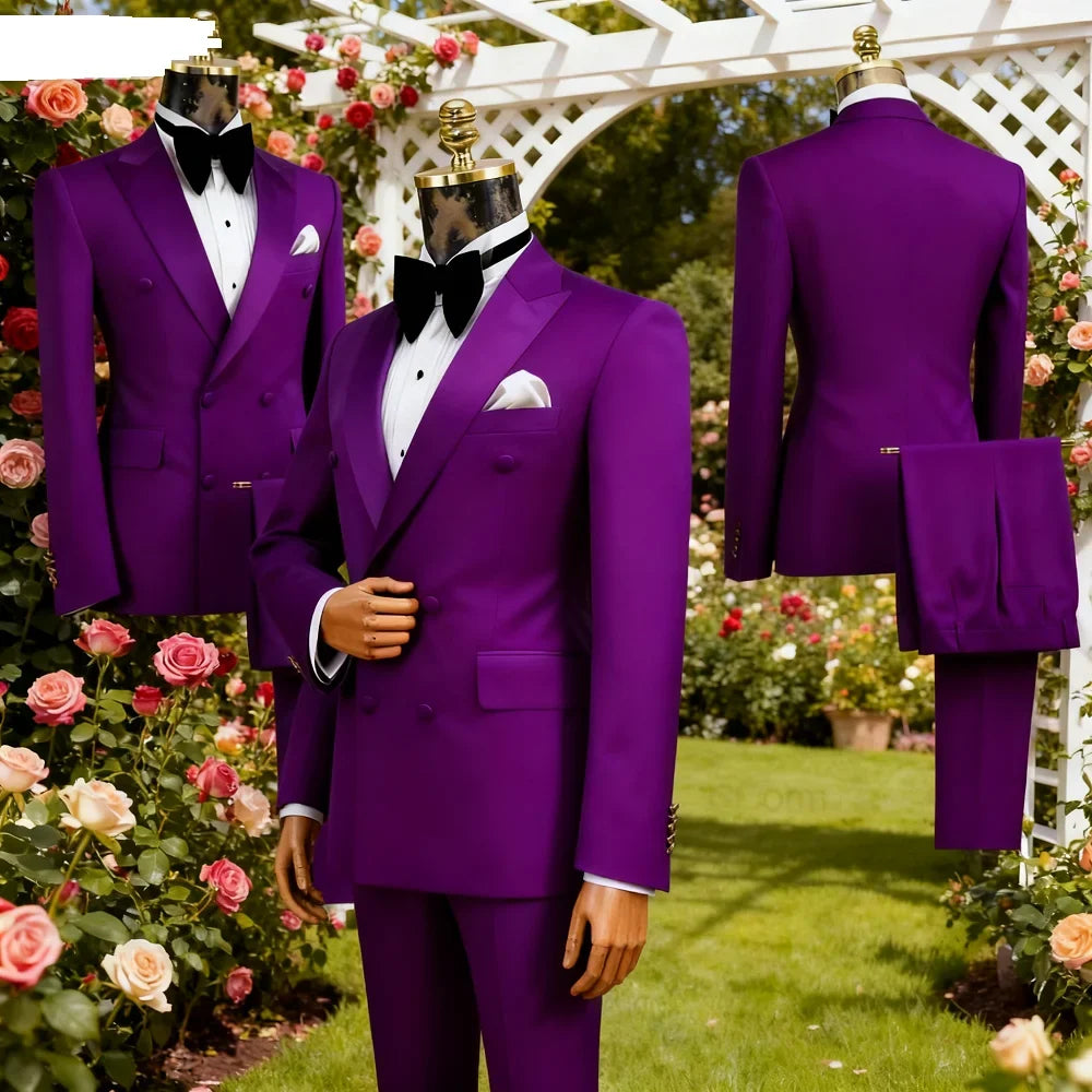 Men's Double-Breasted Suit Set – Peak Lapel, Solid 2-Piece for Wedding & Formal Occasions