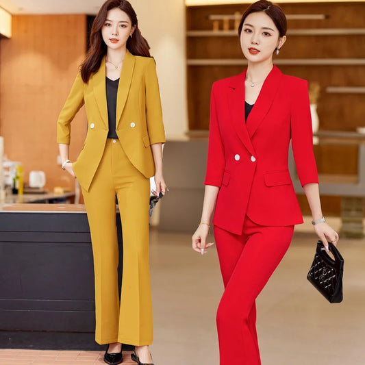 Red women's suit set, new spring-summer professional attire, stylish and elegant formal wear, high-end casual mid-sleeve thin bl
