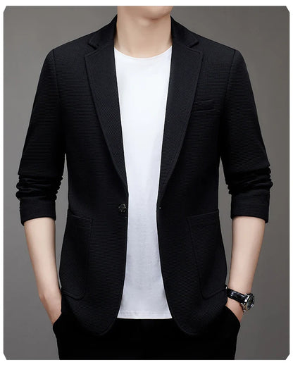 New men's suit jacket with non-stretch flat collar, waffle pattern, for business casual and fitted formal wear.
