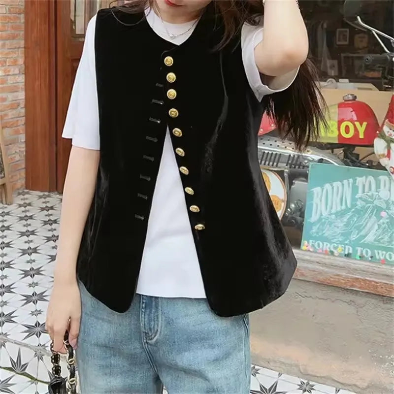 2025 Autumn Winter Chinese Style Velvet Vest Jacket Women's Sleeveless Coat Versatile Slim Lady Retro Waistcoat Outwear