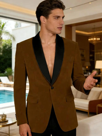 Men's Velvet Tuxedo Blazer Black Trim Shawl Lapel Slim Fit 1-Button Flap Pockets Suit Jacket Formal Wedding Party Sport Coats