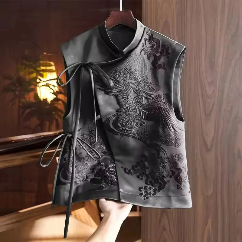 Vintage Chinese Style Vest Outerwear White Crane Embroidered Lacing Waistcoat 2025 Spring Summer Elegant Women's Clothing