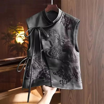 Vintage Chinese Style Vest Outerwear White Crane Embroidered Lacing Waistcoat 2025 Spring Summer Elegant Women's Clothing