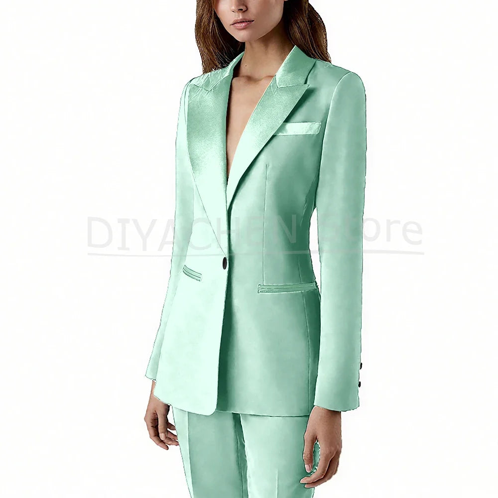 Pants Sets 2 Piece Fashion Satin Peak Lapel Single Button Solid Color Outfits Chic Casual Slim Daily Office Women's Suit
