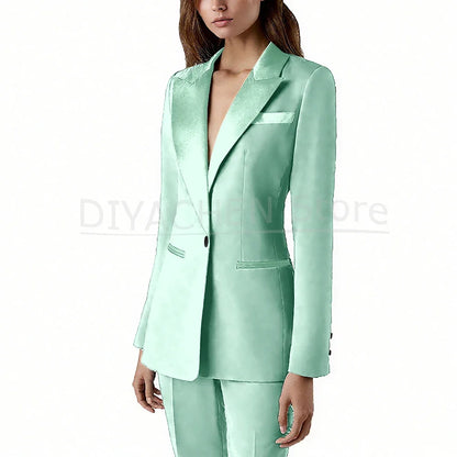 Pants Sets 2 Piece Fashion Satin Peak Lapel Single Button Solid Color Outfits Chic Casual Slim Daily Office Women's Suit