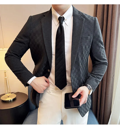 2024 Spring Plaid Blazers Men Single Breasted Casual Business Suit Jacket Fashion Slim Social Banquet Wedding Groom Dress Coats