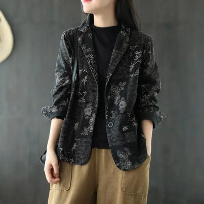 Women's Retro Chinese Style Denim Jacket Bamboo Flower Print Casual Loose Single Breasted Jean Blazer Women Vintage Outerwear