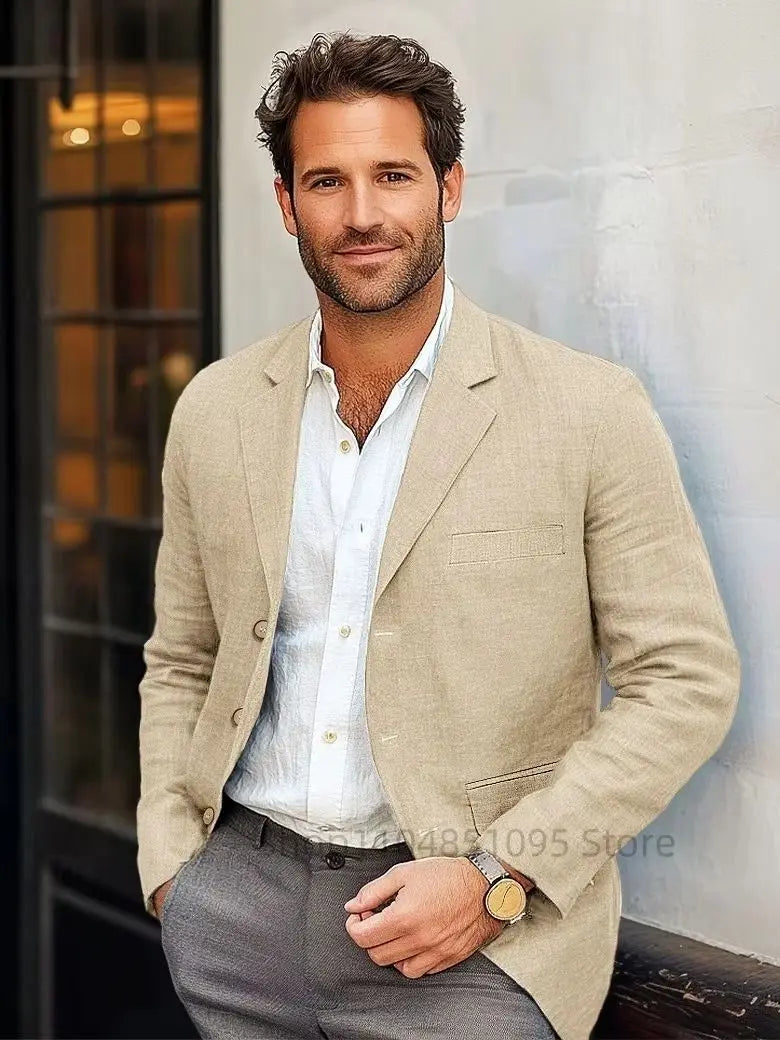 Beige Men Suit Linen Blazers Jackets Wedding Casual Suit Designer Coats New Spring Summer Formal Wear Slim Fit Daily Blazers