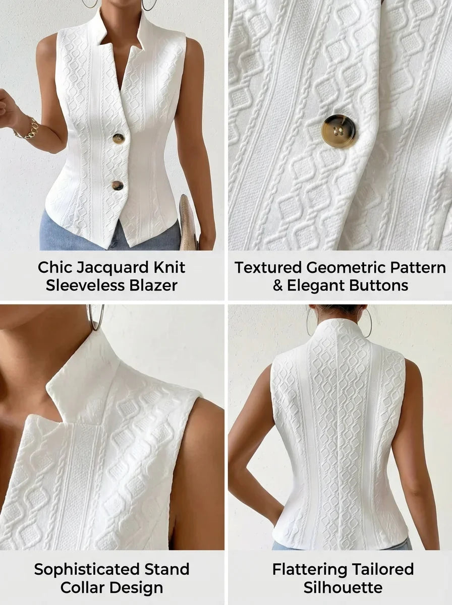 Women's Elegant V-Neck Sleeveless Blazer Vest Solid White Textured Button-Down Slim Fit Waistcoat Top