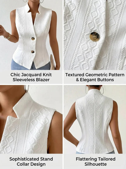 Women's Elegant V-Neck Sleeveless Blazer Vest Solid White Textured Button-Down Slim Fit Waistcoat Top