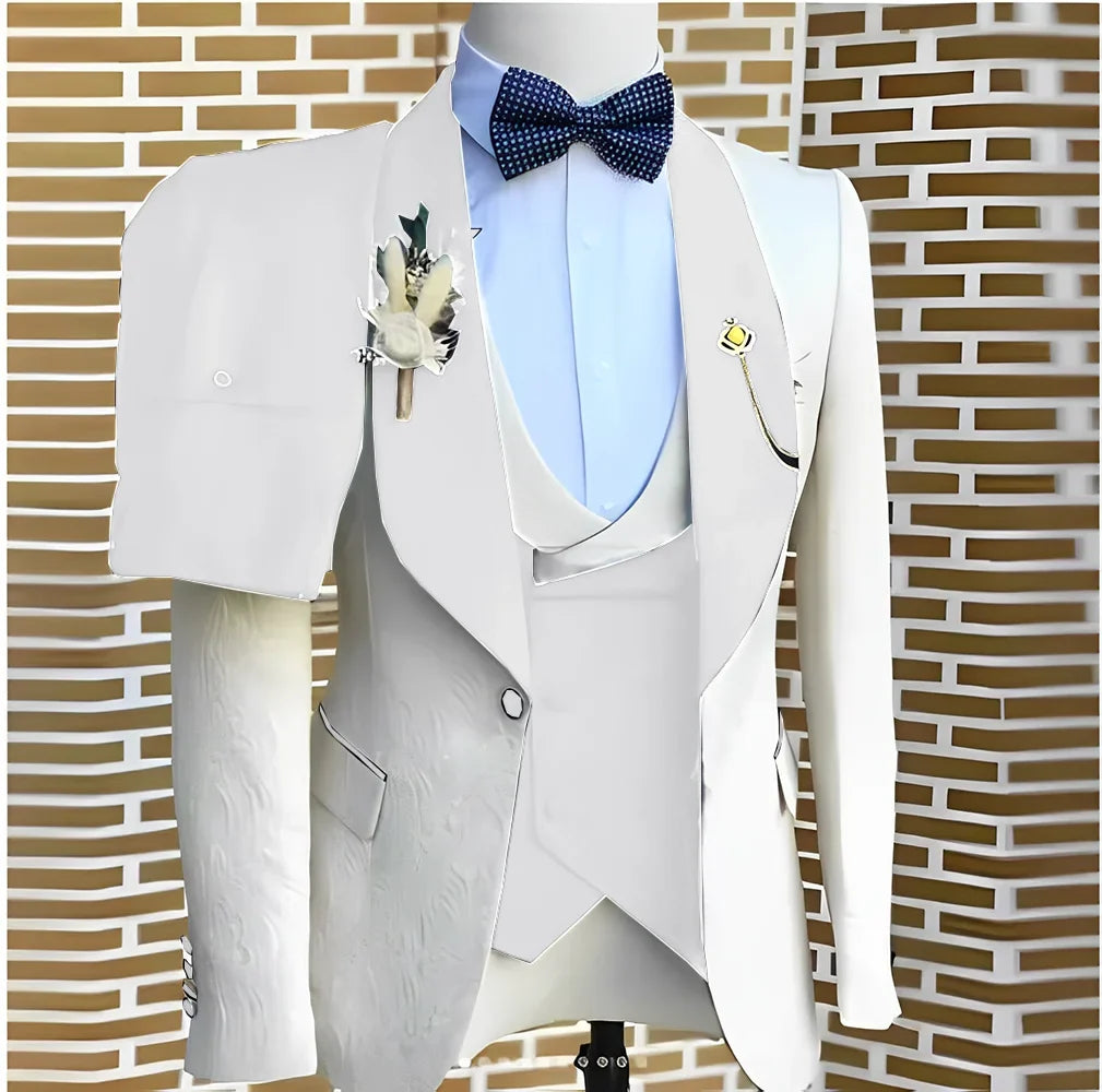 White Jacquard Elegant suits Men For Wedding Formal Jacket Vest Pants 3 Pieces Groomsman Tuxedos Tailored Male Fashion Clothing