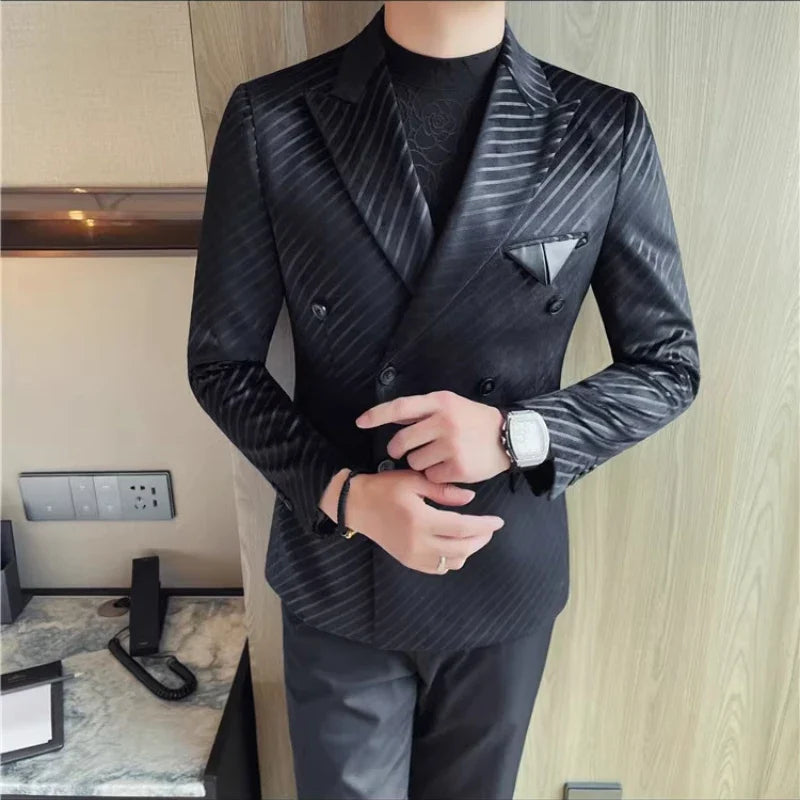 British Style Double Breasted Suit Jacket Men Striped Casual Business Blazers High Quality Wedding Social Banquet Dress Coats