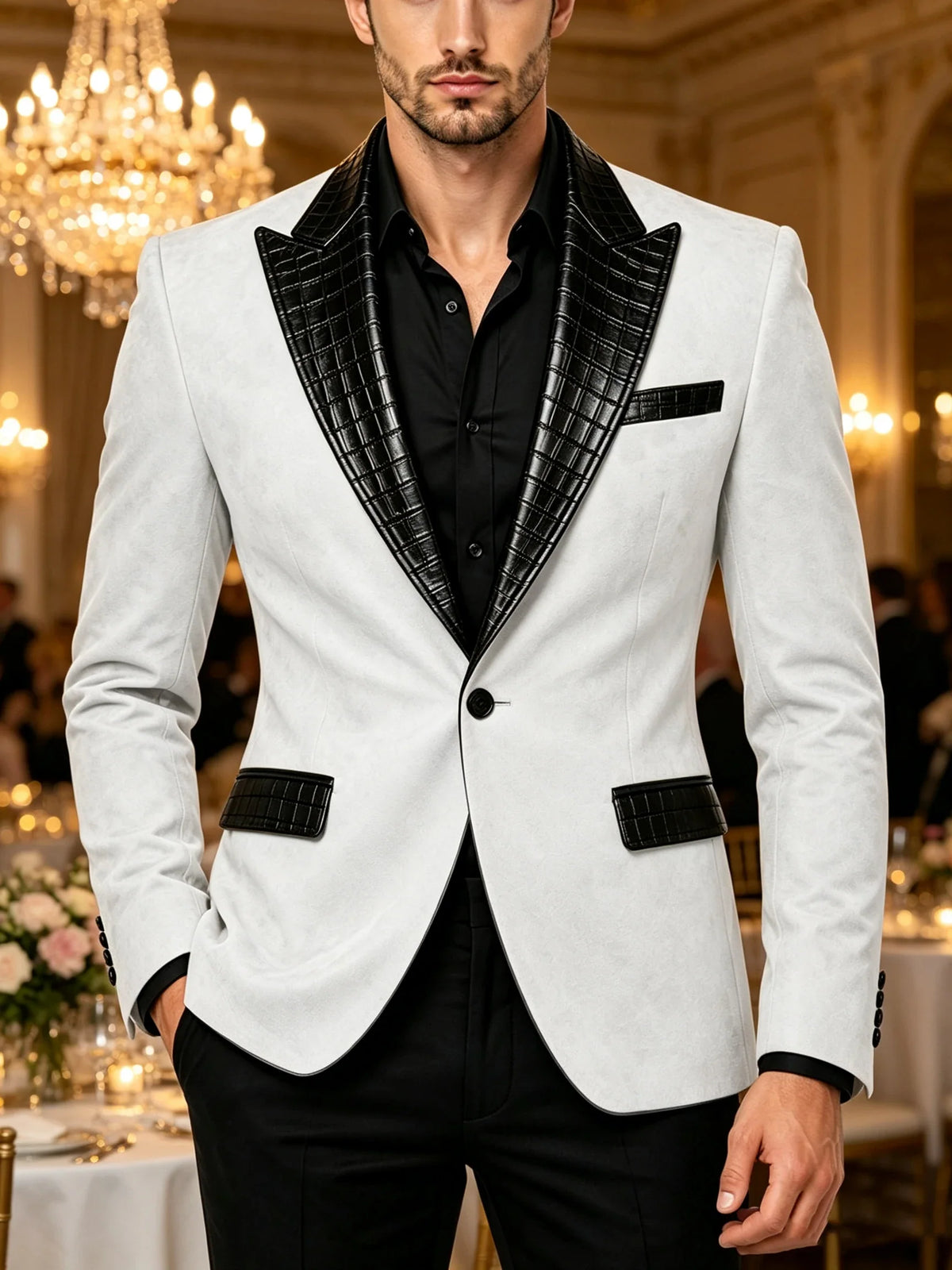 Men's Suede Slim Fit Blazer Jacket Crocodile Pattern Lapel Design Suit Coat Formal Business Prom Wedding Party Tuxedo Outerwear