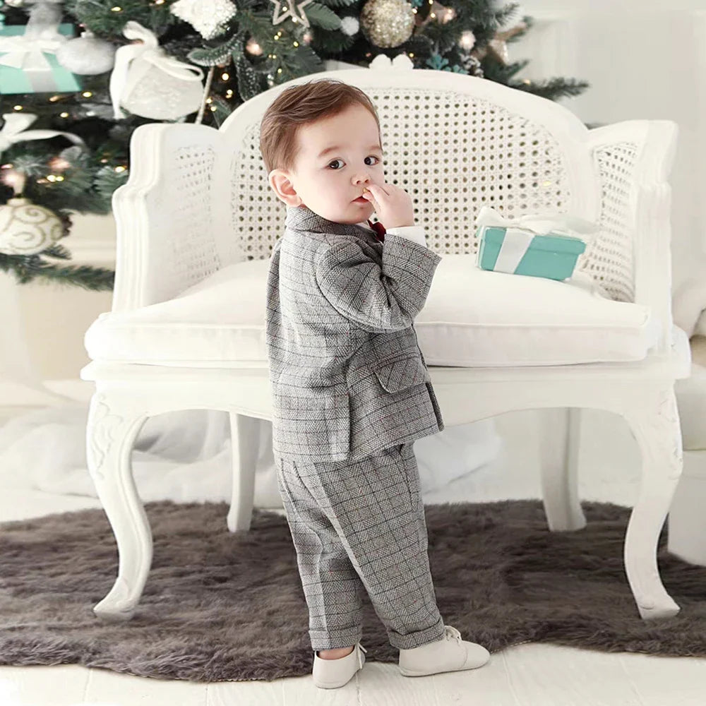 Kids Boys Gentleman Plaid Suit Outfit Jacket Pants Suspenders Bow Tie Formal Wedding Party Photograph Costume for Baby Boy Cloth