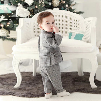 Kids Boys Gentleman Plaid Suit Outfit Jacket Pants Suspenders Bow Tie Formal Wedding Party Photograph Costume for Baby Boy Cloth