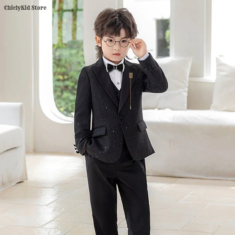 High Quality Boys Shiny Wedding Suits Kids Morning Coat Formal Dress Child Tuxedos Blazer Clothes Sets Toddler School Uniforms