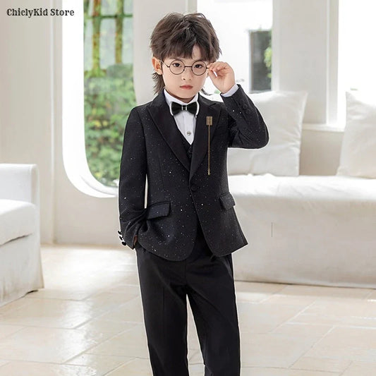 High Quality Boys Shiny Wedding Suits Kids Morning Coat Formal Dress Child Tuxedos Blazer Clothes Sets Toddler School Uniforms