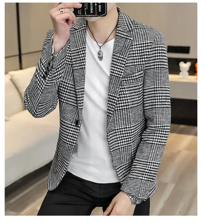 Men's Slim Fit Blazer Single Breasted Plaid Smart Casual Suit Jacket