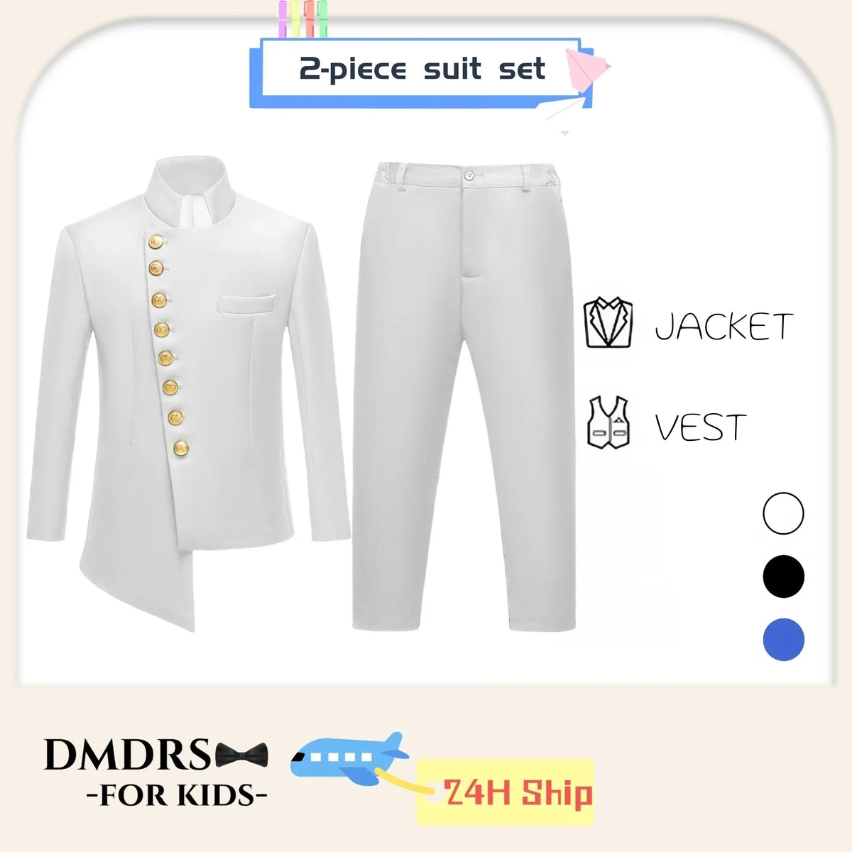 Boys Suit Set 2-Piece Formal Tuxedo for Kids Wedding Party Communion – White, Black & Royal Blue