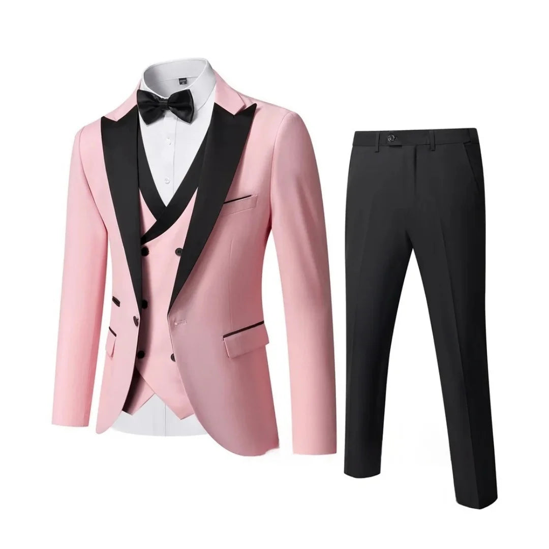 Men's 3 Piece Slim Fit Wedding Tuxedo Set Peak Lapel One Button Suit Jacket Double Breasted Vest Pants