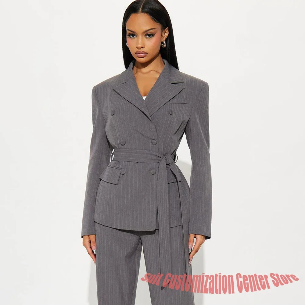 Grey Pinstripe Belted Women's Jacket Pants Set 2Piece Suit Slim Fit Double Breasted Notch Lapel Blazer for Professionals