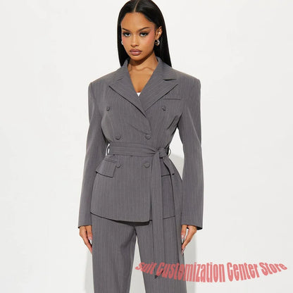 Grey Pinstripe Belted Women's Jacket Pants Set 2Piece Suit Slim Fit Double Breasted Notch Lapel Blazer for Professionals
