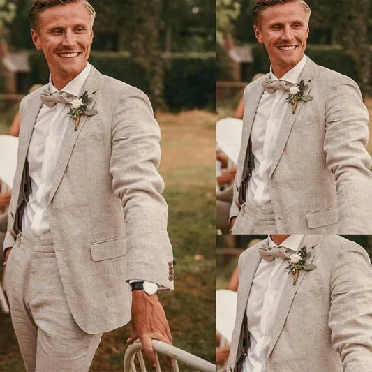Costume Homme Décontracté 2 Pièces en Lin Beige Revers Cranté Coupe Slim Blazer Pantalon Ensemble pour Mariage sur la Plage d'Été, Bal de Promo