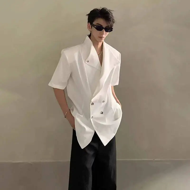 2026 Summer Fashion Double Breasted Solid Color Short Sleeve Blazer Coat Men's Elegant Temperament Korean Clothes JY6389