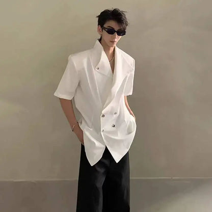 2026 Summer Fashion Double Breasted Solid Color Short Sleeve Blazer Coat Men's Elegant Temperament Korean Clothes JY6389