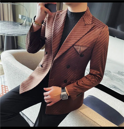 British Style Double Breasted Suit Jacket Men Striped Casual Business Blazers High Quality Wedding Social Banquet Dress Coats
