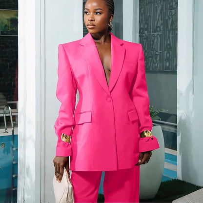 Elegant Women's Suit Autumn New Red Clothing Single Button Notch Lapel Blazer Pant Sets Formal Slim Fit Office Party Outerwears