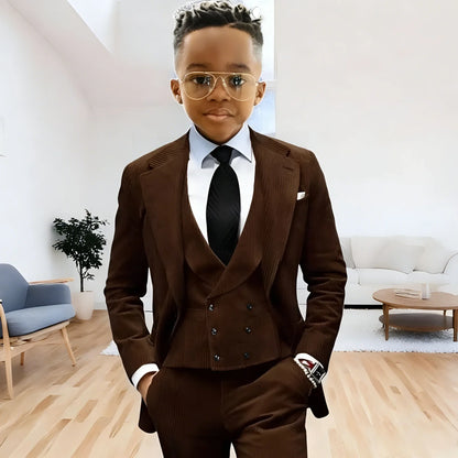 Brown Corduroy Boy Suit 3 Piece Blazer Vest Pant Suit Set Notched Lapel Formal Wedding Dresses Business Tuxedo Suits for Kids