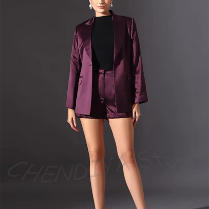 Business Formal Women Suit Elegant Satin Peak Lapel Jacket With Short Pants High Quality Smart Casual Suit Set Two Pieces