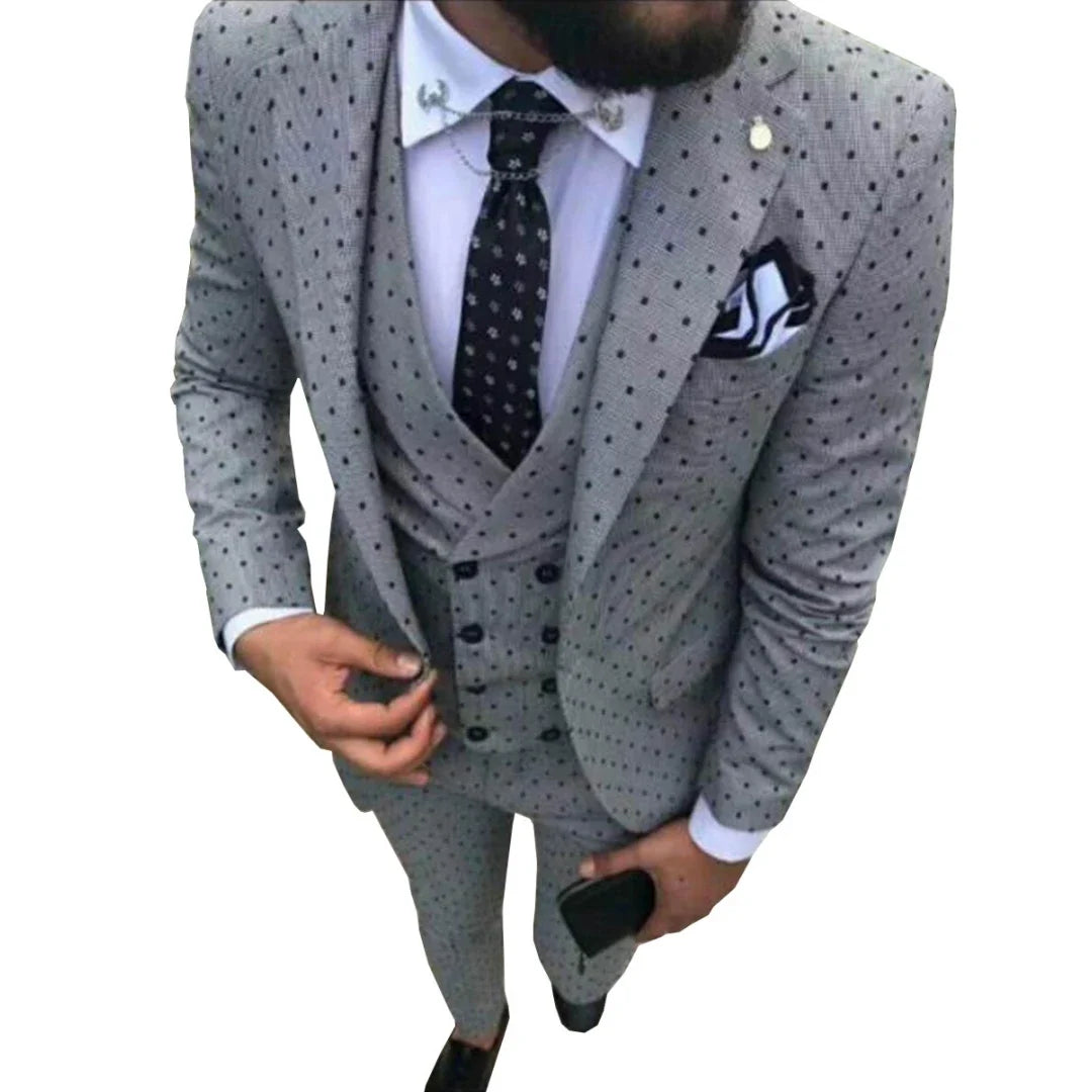 Men Suit 3 Pieces Gray Polka Dot With Lapel For Wedding Banquet Birthday Party Business Work Casual Daily Set Jacket Vest Pants