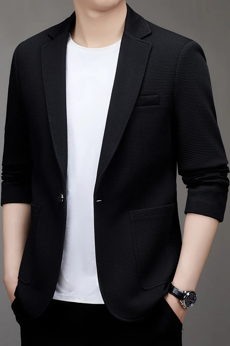 New men's suit jacket with non-stretch flat collar, waffle pattern, for business casual and fitted formal wear.